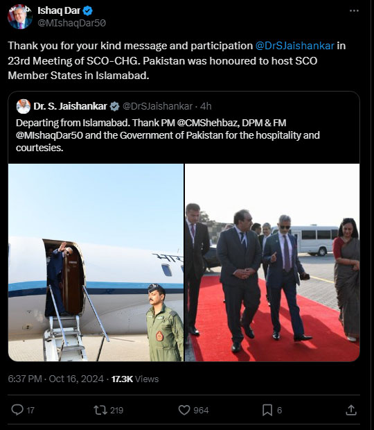 Indias Jaishankar hails Pakistans hospitality, courtesies during SCO summit