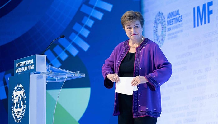 IMF Managing Director Kristalina Georgieva leaves after delivering a speech on global economic outlook and policy priorities ahead of the 2024 IMF and World Bank Group Annual Meetings in Washington, D.C., October 17, 2024.