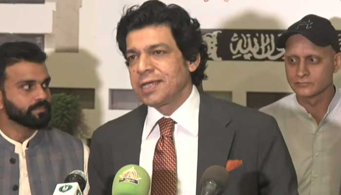 Senator Faisal Vawda speaks to reporters outside the Parliament building in Islamabad, October 20, 2024. – Screengrab via Geo News