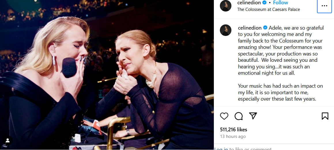 Adele receives praise for spectacular performance from Celine Dion