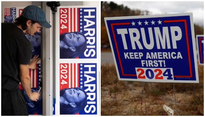 A combination of images showing yard signs for the presidential campaigns of US Vice President and Democratic presidential nominee Kamala Harris and ex-US president and Republican presidential nominee Donald Trump. — Reuters/Files