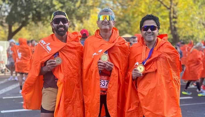 Pakistani-American runners Yawar Siddiqui (left), Fasih Ul Saleh (centre) and Dr Salman Khan pose with their medals after the New York City Marathon in New York, US, on November 3, 2024. — Reporter