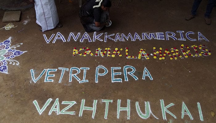 In her Indian grandfather's village, residents pray for Kamala Harris win 10 Supporters of the Democratic presidential nominee and US Vice President Kamala Harris make a rangoli wishing Harris success in the US elections, in Thulasendrapuram, the village where Harris maternal grandfather was born, in the Southern state of Tamil Nadu, India November 5, 2024. — Reuters