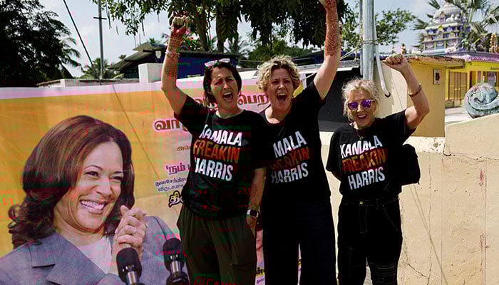 In her Indian grandfather's village, residents pray for Kamala Harris win 11 Supporters of Democratic presidential nominee and US Vice President Kamala Harris cheer for her beside a poster in Thulasendrapuram, the village where Harris maternal grandfather was born, in the Southern state of Tamil Nadu, India November 5, 2024. — Reuters