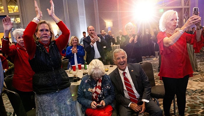 Supporters of Republican presidential candidate Donald Trump react as they watch early election results at a 2024 US Presidential Election Night Watch Party, in Atlanta, Georgia, US, November 6, 2024. — Reuters