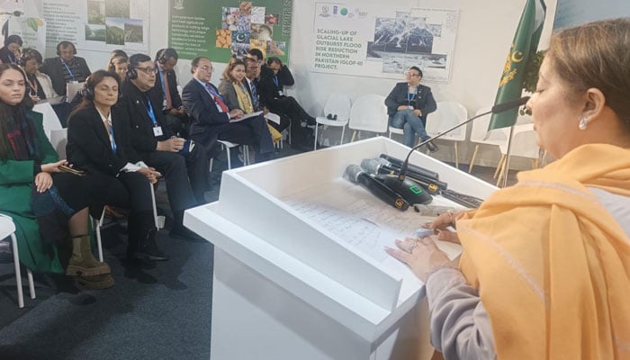 Prime Minister’s Coordinator on Climate Change Romina Khurshid Alam addresses the launching ceremony  of the National Climate Finance Strategy (NCFS) at the Pakistan Pavilion on the sidelines of the two-week UN-led global climate conference (COP29) on November 14, 2024. — PID