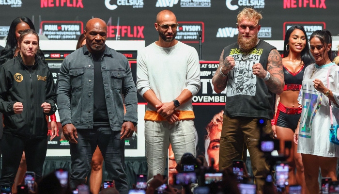 Jake Paul and Mike Tyson pose after the final press conference for their upcoming heavyweight fight at Toyota Music Factory in Irving, Texas, on November 13, 2024. —AFP