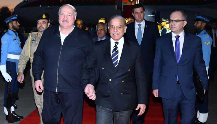 Prime Minister Shehbaz Sharif receives visiting President of Belarus Aleksandr Lukashenko at Nur Khan Airbase, Islamabad, November 25, 2024. — X/@CMShehbaz