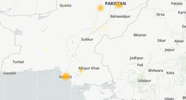 This screenshot of a map shows Karachi as the worst-hit region with WhatsApp connectivity issues across Pakistan. — Screenshot/Downdetector