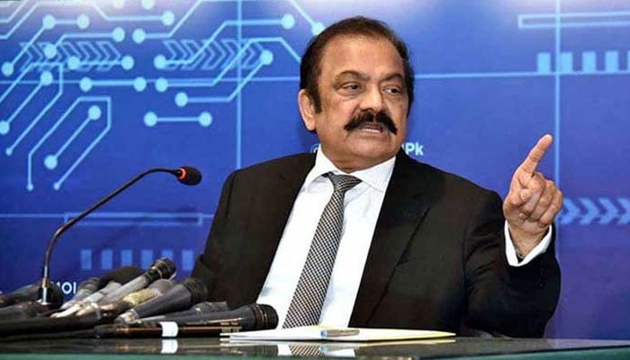 Prime ministers aide on public and political affairs Rana Sanaullah addressing a press conference in this undated image. — PID/File