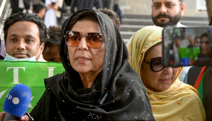 Aleema Khan, sister of  former PM Imran Khan, speaks to media outside the IHC in Islamabad on June 3, 2024. — AFP