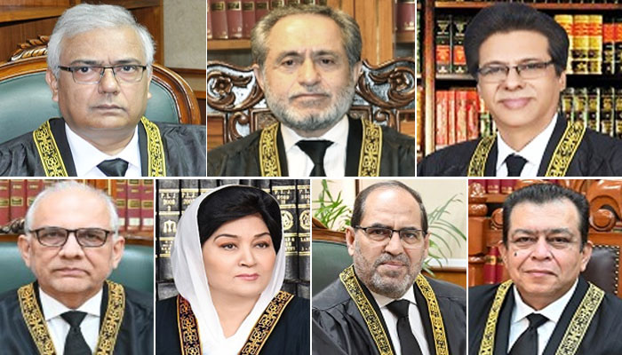 (Clockwise from top left to right) The collage shows Justice Amin-Ud-Din Khan, Justice Jamal Khan Mandokhail, Justice Muhammad Ali Mazhar, Justice Syed Hasan Azhar Rizvi, Justice Musarrat Hilali, Justice Naeem Akhtar Afghan and Justice Shahid Bilal Hassan. — SC website/ File