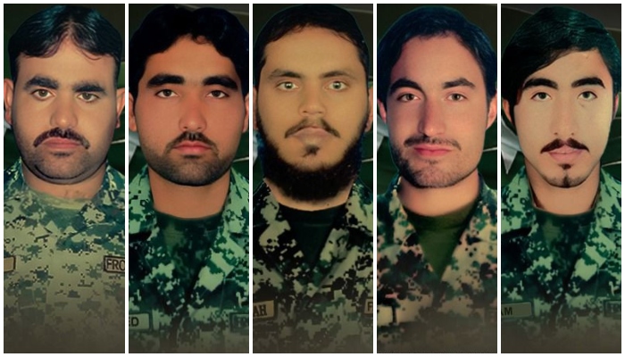 (From left to right) Martyred Pakistan Army soldiers, Havildar Jadid Ali, Lance Naik Shaheed Ur Rehman, Lance Naik Sifat Ullah, Lance Naik Wilayat Hussain, and Sepoy Nizam Uddin. — ISPR/File
