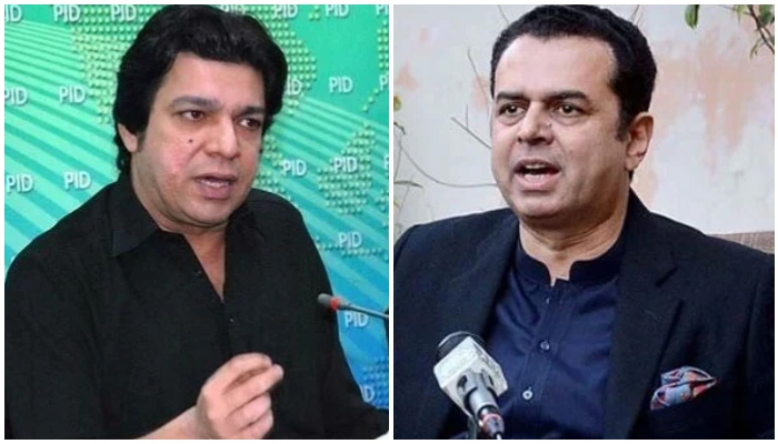This collage shows Senators Faisal Vawda (left) and Talal Chaudhry during press conferences. — APP