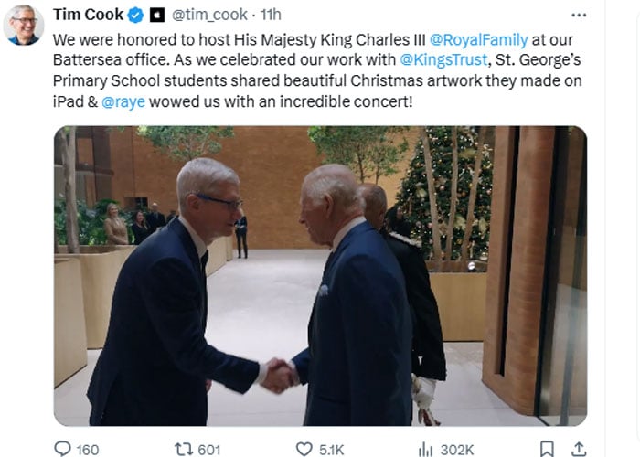 King Charles honours Tim Cook with latest move