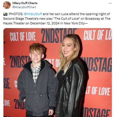 Hilary Duff attends Broadway opening of Cult Of Love with son Luca