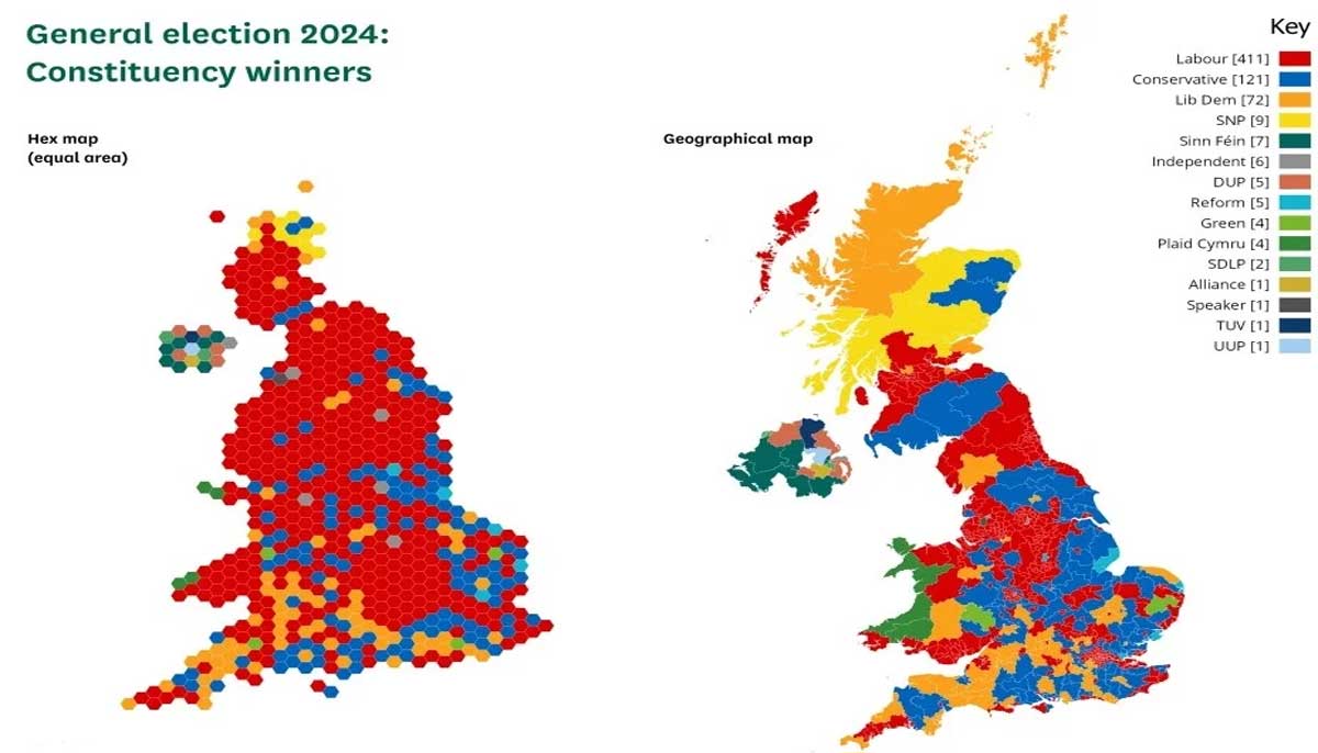 A geographical map of UK showing party-wise 2024 election results. — UK govt