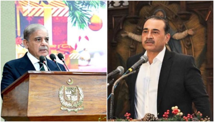 Prime Minister Shehbaz Sharif (left) and Chief of Army Staff (COAS) General Syed Asim Munir address  separate events held in connection with Christmas on December 25, 2024. — PID/ISPR