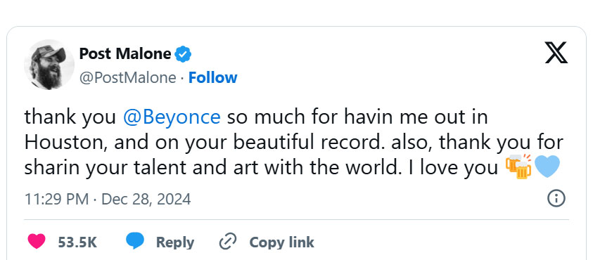 Post Malone gives Beyoncé sweet shoutout after NFL Halftime collab
