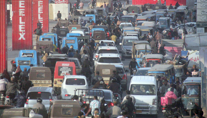 A view of massive traffic jam at Golimar Chowrangi road due to MWM sit-in in Karachi on December 29, 2024. — Online
