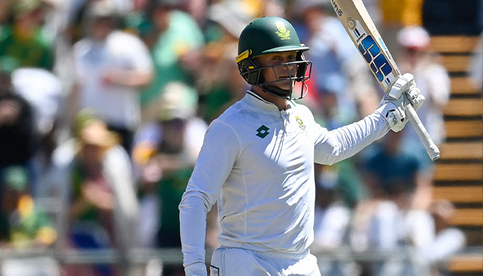 South Africa´s Ryan Rickelton celebrates after scoring 250 runs during the second day of the second international Test cricket match between South Africa and Pakistan at Newlands stadium in Cape Town on January 4, 2025. — AFP