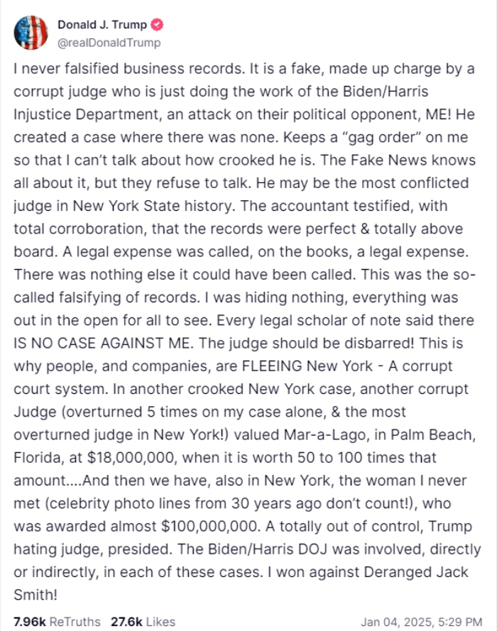 Screebgrab of a post on Truth Social — Truth Social@realDonaldTrump