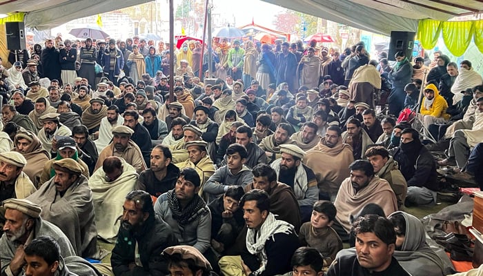 Men gather during a sit-in protest in Parachinar on January 3, 2025, to condemn clashes in Kurram district, bordering Afghanistan. — AFP