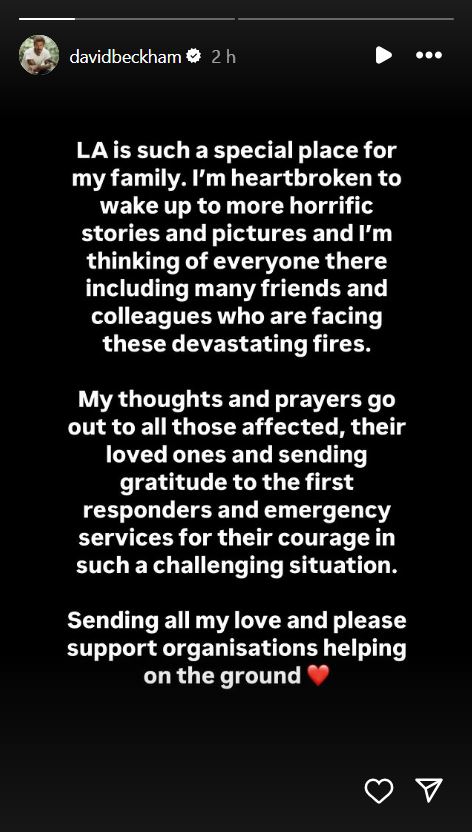 David, Victoria Beckham send out thoughts and prayers amid wildfire
