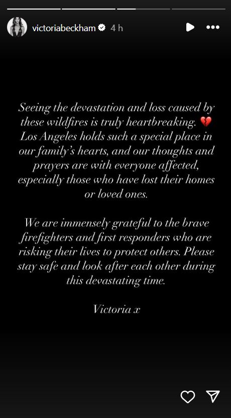 David, Victoria Beckham send out thoughts and prayers amid wildfire