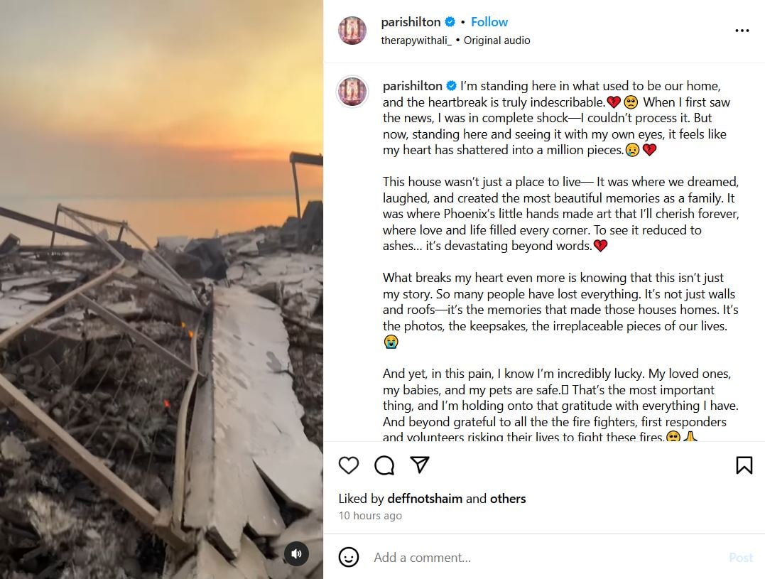 Paris Hilton reveals her heart is shattered after LA home burns down