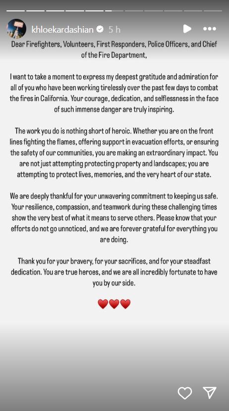 Khloe Kardashian voices support for LA Fire Chief with heartfelt note