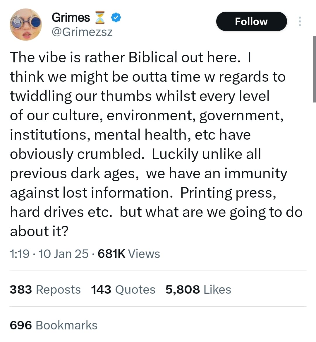 Grimes says no one will be spared after LA wildfire tragedy