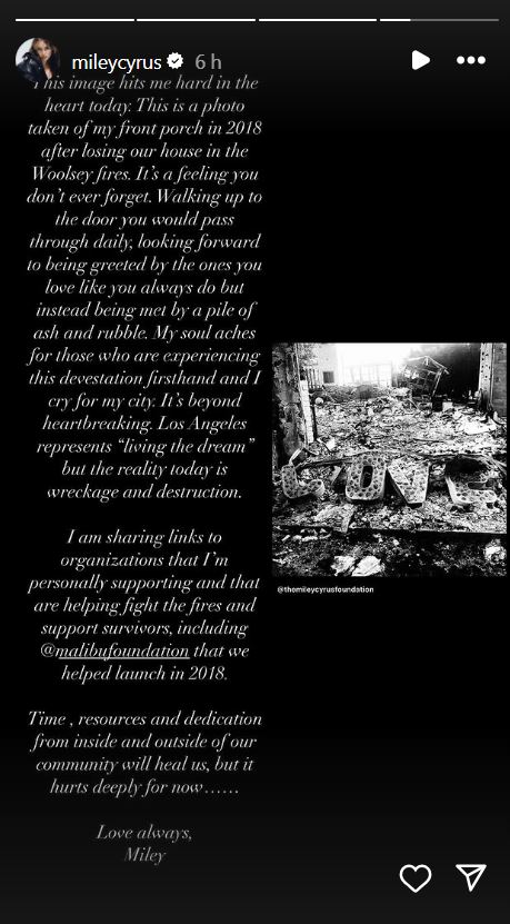 Miley Cyrus stands with victims of LA fire: My soul aches