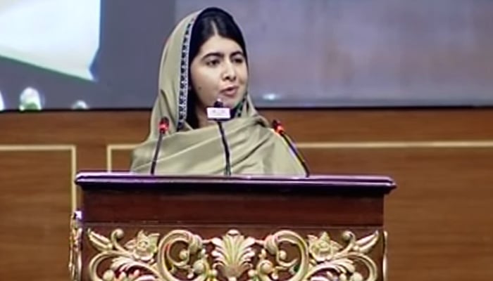 Malala Yousafzai speaks during a conference on girls education in Islamabad on January 12, 2025. — Screengrab via Geo News