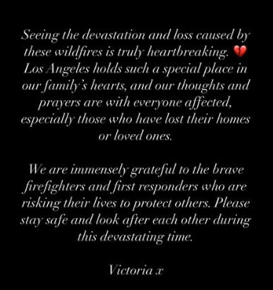 Victoria Beckham reacts to devastating wildfires in Los Angeles