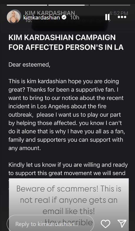 Kim Kardashian timely warns fans of new scams