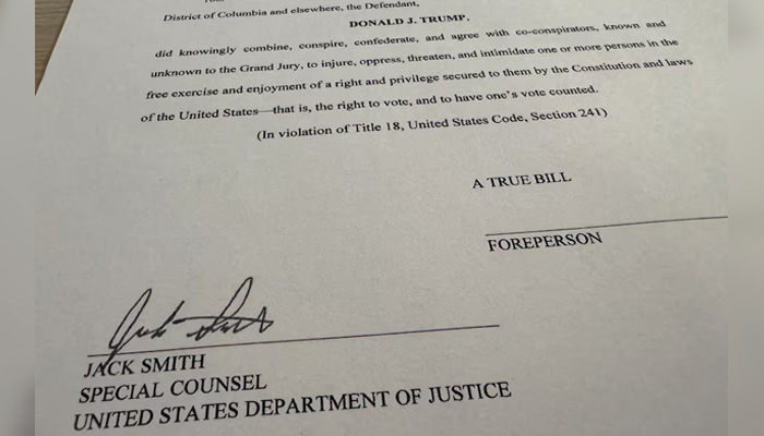 Special Counsel Jack Smiths signature is seen on a revised indictment in the 2020 election subversion case against Donald Trump after US prosecutors obtained the indictment in Washington, US, August 27, 2024. — Reuters