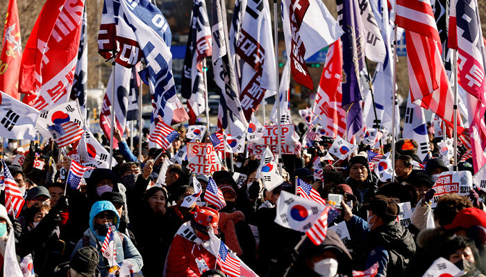 Impeached South Korean President Yoon Suk Yeols supporters rally near the Corruption Investigation Office for High-ranking Officials, following his arrest, in Gwacheon, South Korea, January 15, 2025. — Reuters