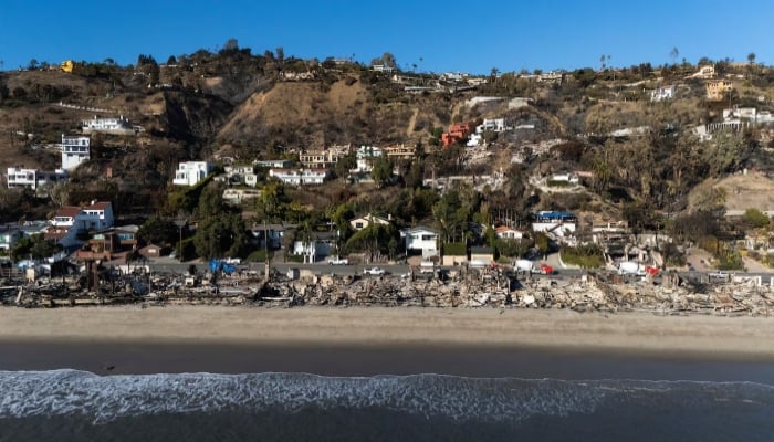 A drone picture shows debris from burned properties, as the the Palisades Fire continues in the Los Angeles area, in Malibu, California, US January 15, 2025. — Reuters