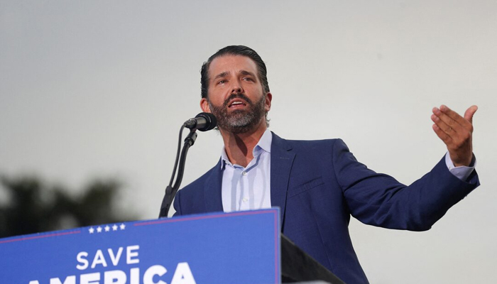 Donald Trump Jr. speaks to his fathers supporters during the Save America rally at the Sarasota Fairgrounds in Sarasota, Florida, on July 3, 2021. — Reuters
