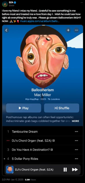 SZA pays Mac Miller tribute as late singers album Balloonerism releases