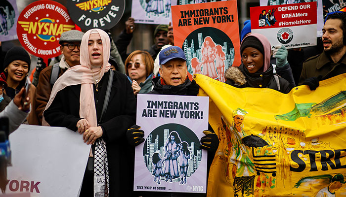 People take part in a rally against Trumps policy of immigration in New York City, US,  January 18, 2025. — Reuters