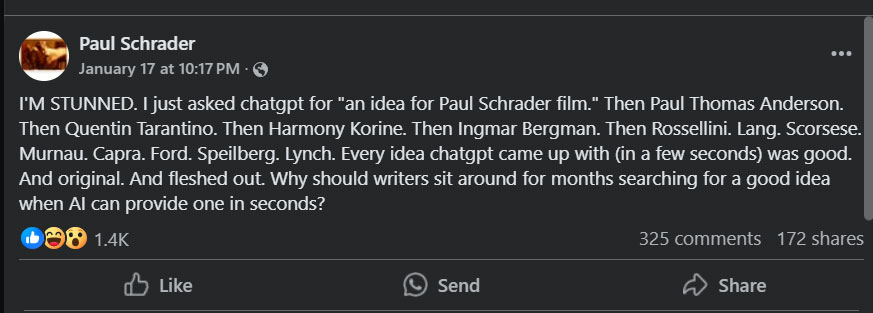 Paul Schrader gets honest about growing AI