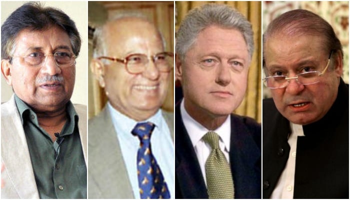 (From left to right) Former president Pervez Musharraf, ex-CJP Irshad Hassan Khan, former US president Bill Clinton and ex-PM Nawaz Sharif. — Reuters/PIB/AFP/File