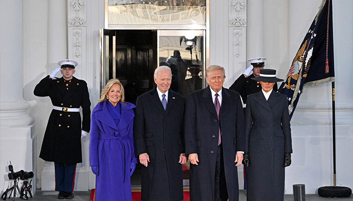 US President Joe Biden and First Lady Jill Biden pose alongside President-elect Donald Trump and Melania Trump as they arrive at the White House in Washington, DC, on January 20, 2025, before departing for the US Capitol where Trump will be sworn in as the 47th US President. — AFP