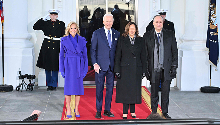 US President Joe Biden, First Lady Jill Biden, Vice President Kamala Harris and Second Gentleman Douglas Emhoff prepare tp greet President-elect Donald Trump as he arrives at the White House in Washington, DC, on January 20, 2025, before departing for the US Capitol where Trump will be sworn in as the 47th US President. — AFP