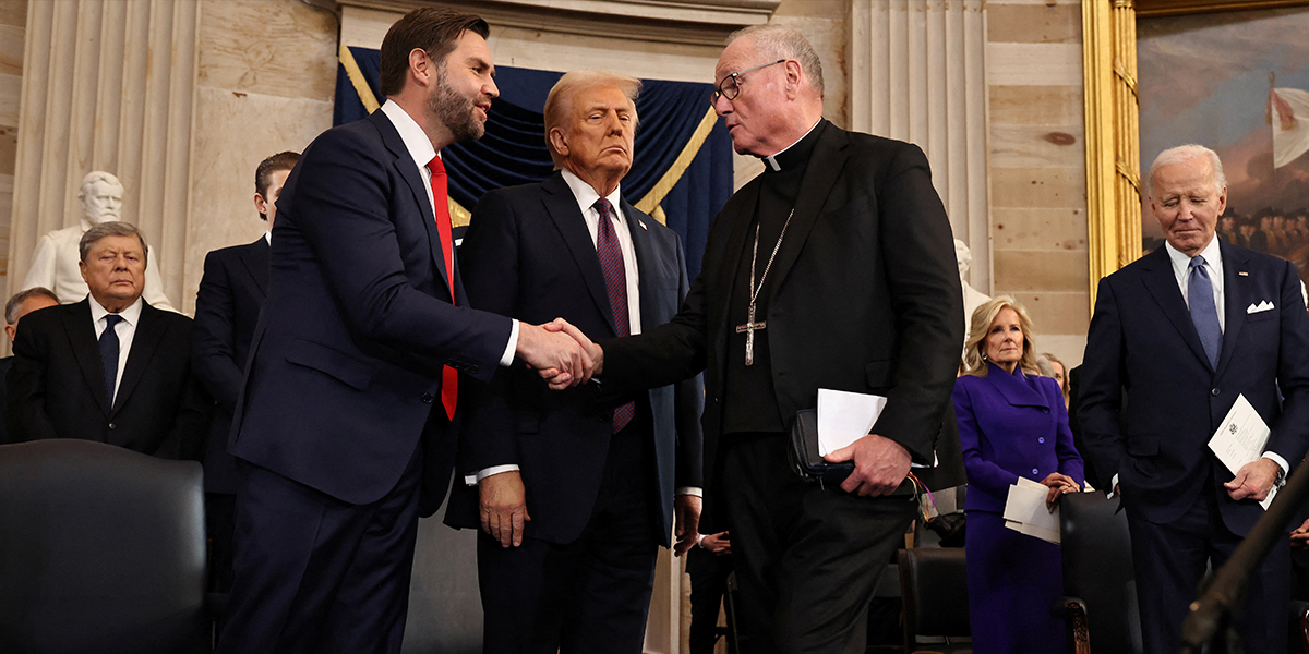 Vice President JD Vance and US President Donald Trump greet Cardinal Timothy M Dolan after he delivered the invocation during inauguration ceremonies in the Rotunda of the US Capitol on January 20, 2025 in Washington, DC. — Reuters