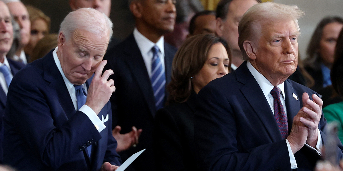 Joe Biden (L) and Donald Trump applaud during the inauguration ceremonies in the Rotunda of the US Capitol on January 20, 2025 in Washington, DC. — Reuters