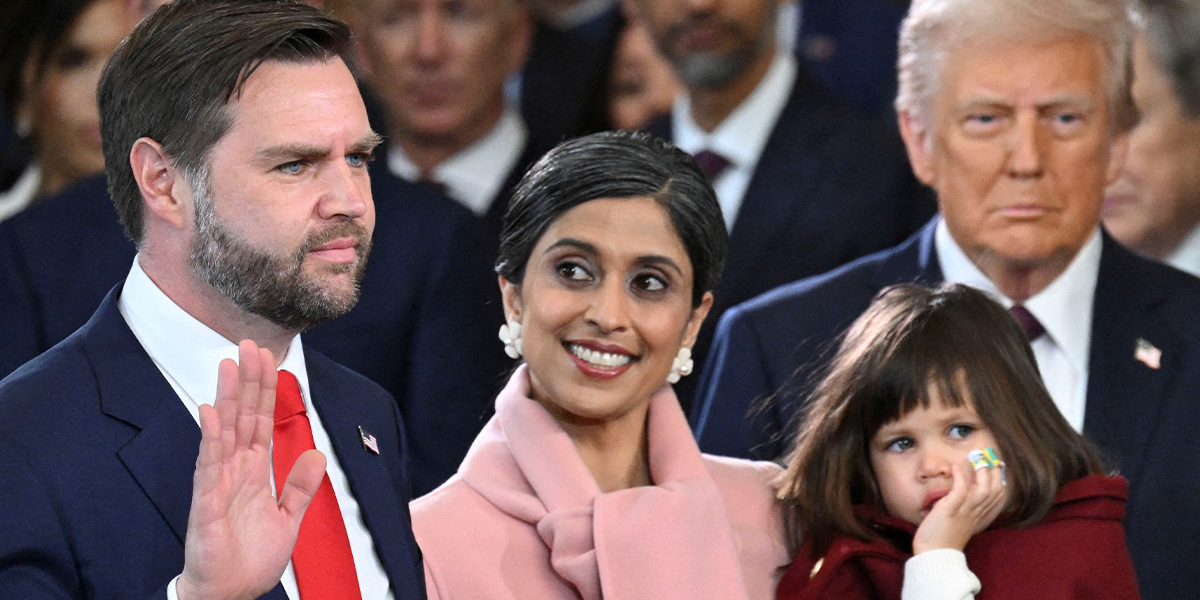 JD Vance taking oath of the vice president of the US as his wife, Usha Vance, smiles at him while Donald Trump looks on in the Rotunda of the US Capitol on January 20, 2025 in Washington, DC. — Reuters