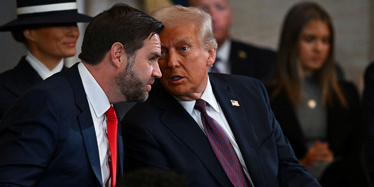 Vice President of the US JD Vance (L) and President of the US Donald Trump converse during the inauguration ceremonies in the Rotunda of the US Capitol on January 20, 2025 in Washington, DC. — Reuters